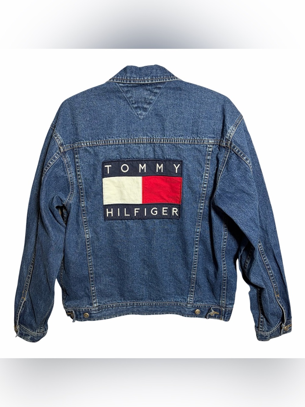 Tommy Hilfiger Vintage Big Flag Logo Patch Denim Jacket Rare!